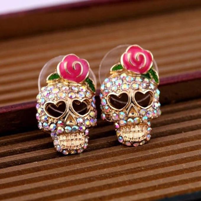 Halloween Roos Schedel Persoonlijkheid Micro-set Oorbellen, Overdreven Oorbellen goud