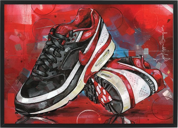 Sneaker print classic BW varsity red 2 43x30,6 cm (A3) *ingelijst & gesigneerd