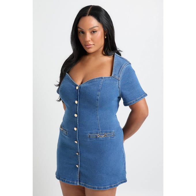 boohoo Dames Plus denim shiftjurk met gouden afwerking en knoopsluiting | Blauw | Maat: 56