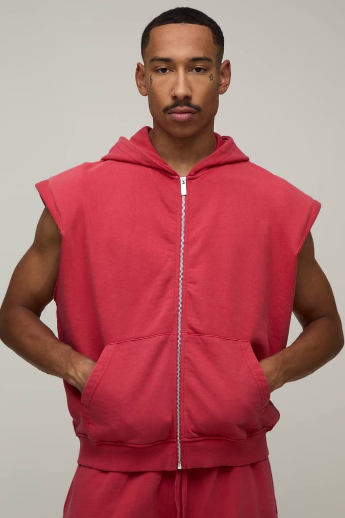 Oversized Boxy Mouwloze Hoodie Met Schoudervulling, Washed Look En Rits | Red | Size Medium