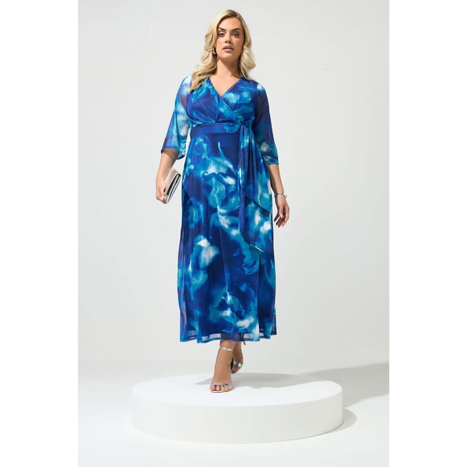 Yours London Blauwe Abstracte Mesh Wikkeljurk Size 48
