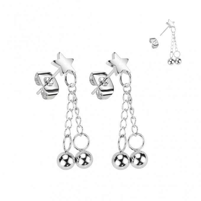 Oorbellen ster met ketting hanger - zilver - LMPiercings