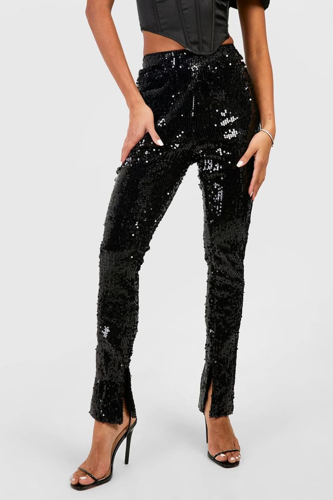 boohoo Dames Sequin Mid Rise Split Hem Broek | Black | Maat: 8