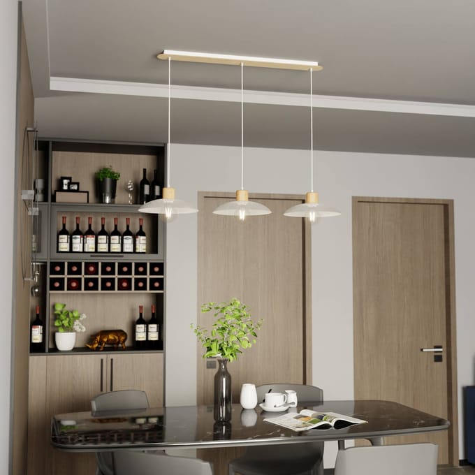 EMIBIG LIGHTING Kobe hanglamp, 3-lamps, staal, hout, wit