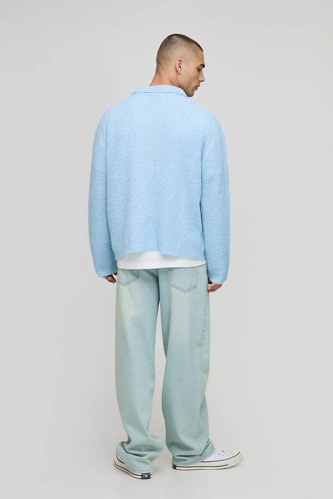 Boxy Fit Geborsteld Gebreid Shirt | Light Blue | Size Small