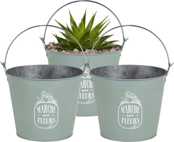 Sunnydays Emmer/plantenpot/bloempot - 3x - zink - jadegroen - D24 x H19 cm