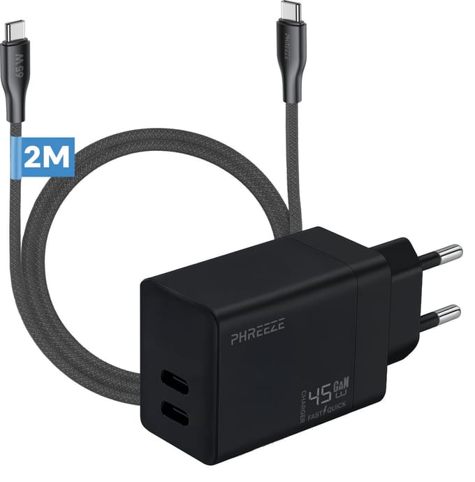 Phreeze fast charger 45 W - Usb C naar usb C oplaadkabel 2 meter - PPS fast charger - Snellader met 2 poorten
