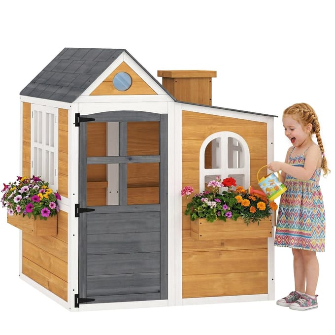 AIYAPLAY Kinderspeelhuisje - Vurenhout - 125,5 x 119 x 126 cm - Geel