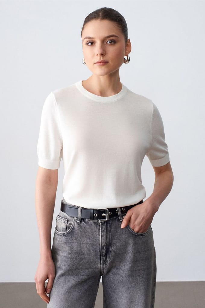 Geribbelde Crewneck Korte Mouwen Blouse