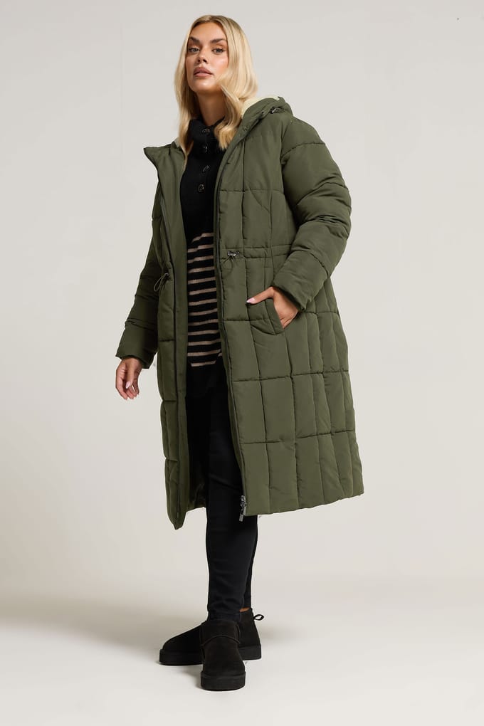 Yours Khaki Groene Gewatteerde Midi Pufferjas Size 42
