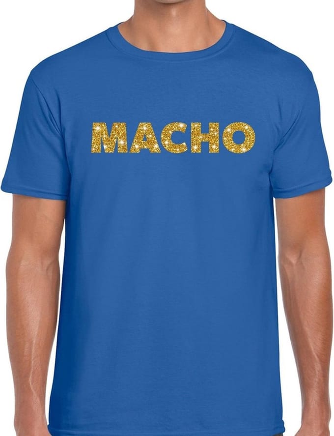 Macho goud glitter tekst t-shirt blauw voor heren L