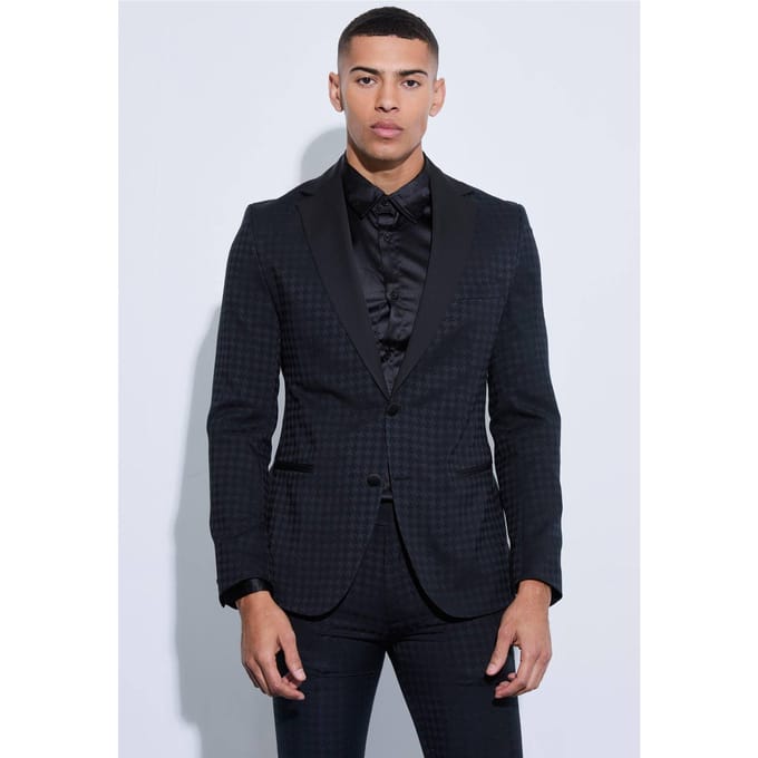 Tonal Houndstooth Single Breasted Jacket | Black | Size 50