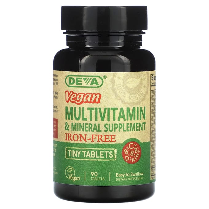 Deva, Vegan Kleine Tabletten, Multivitamine en Mineralensupplement, IJzerarm, 90 Tabletten