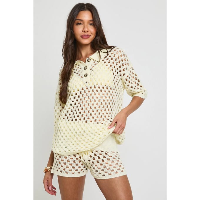 boohoo Dames Gehaakte Oversized Gebreide Blouse En Short Set | Creme | Maat: Medium