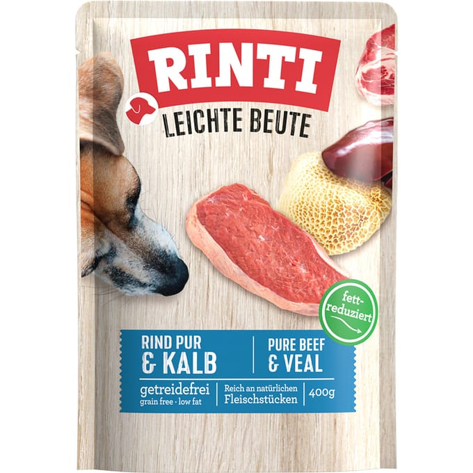 10x400g RINTI Lichte prooi puur rund & kalfs natvoer voor honden