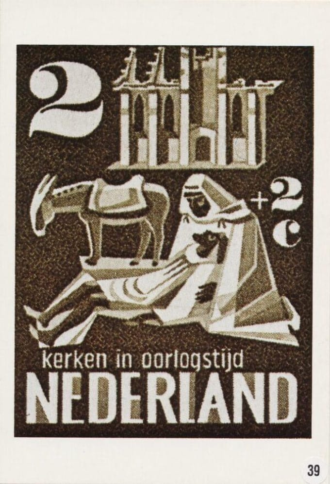 Briefkaart met afbeelding kerken in oorlogstijd postzegel