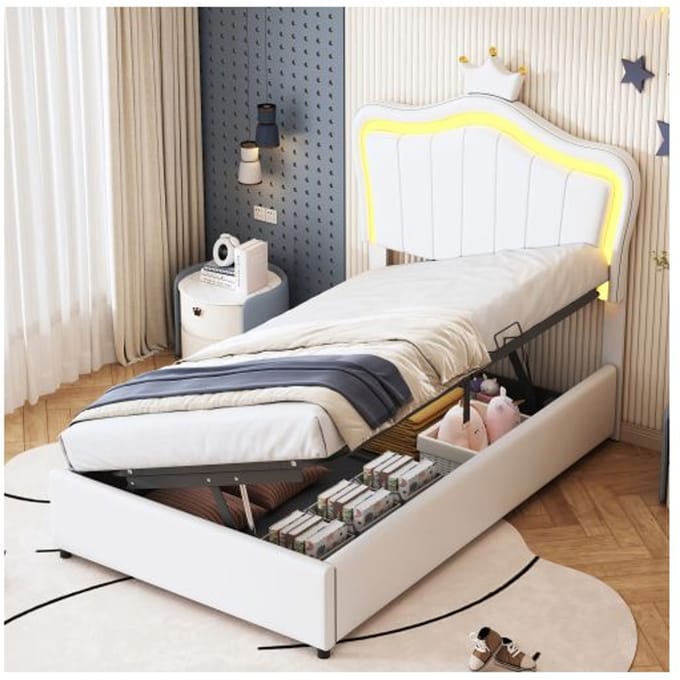 Kinderbed - MUVOE - 90x200 cm - Wit Kunstleer - LED-verlichting - Hydraulische opbergruimte wit