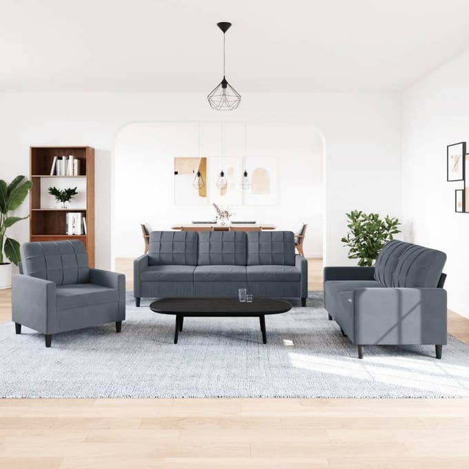 vidaXL - 3-delige - Loungeset - met - kussens - fluweel - donkergrijs