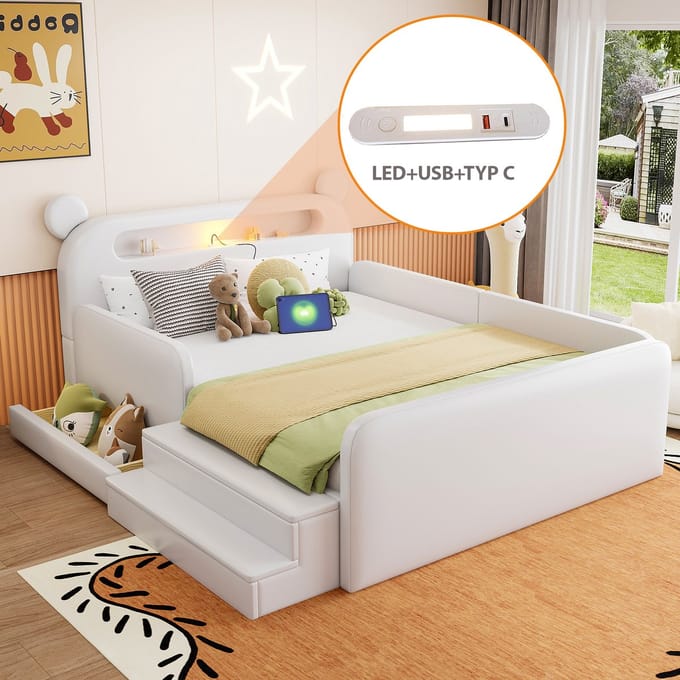 MODFU - Kinderbed 140x200 cm – Berenvormig hoofdbord met nachtlampje & USB – Wit kunstleer