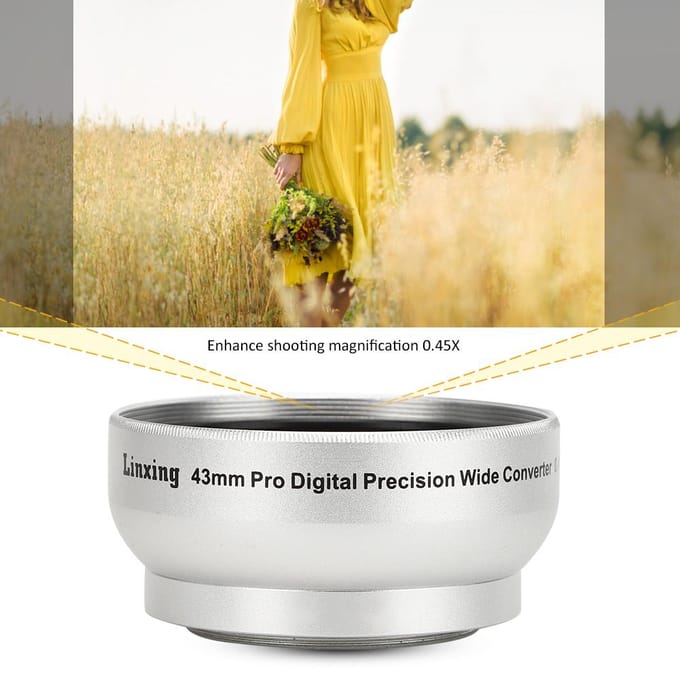 0.45X Optical Glass Silver Camera Wide Angle Magnification Additional Lens for 43mm Camera Lenses white