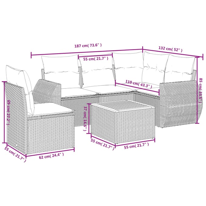 vidaXL - 6-delige - Loungeset - met - kussens - poly - rattan - grijs