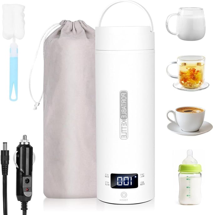 Reiswaterkoker Auto - Draagbare Ketel - Warme Dranken Onderweg - 4 Temperatuurinstellingen - 16 Ounces - Wit