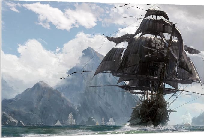 Forex - Geschilderd Schip met Bergen - 120x80cm Foto op Forex