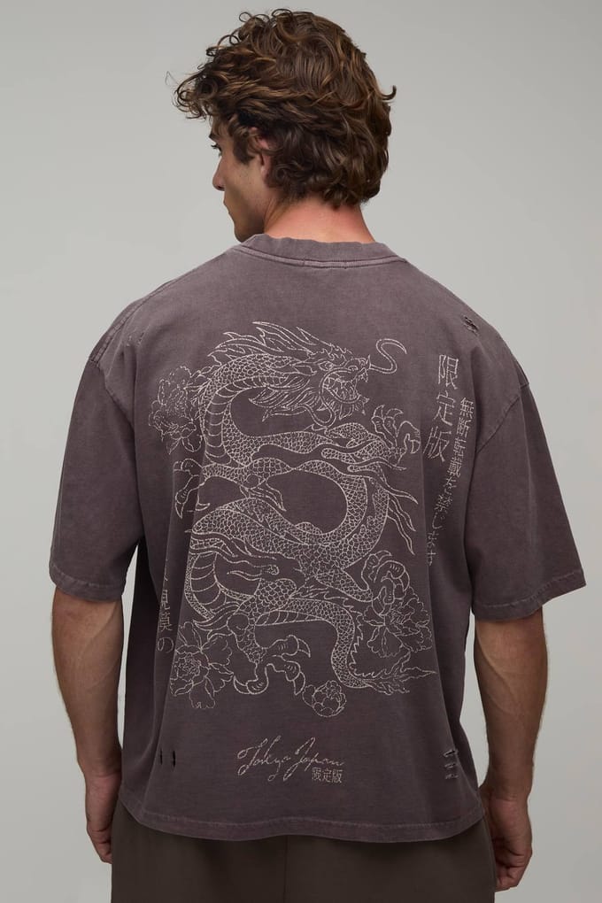 Verwassen Chocoladebruin Oversized Boxy T-shirt Met Drakenprint En Distressed Look | Washed Chocolate | Size Medium