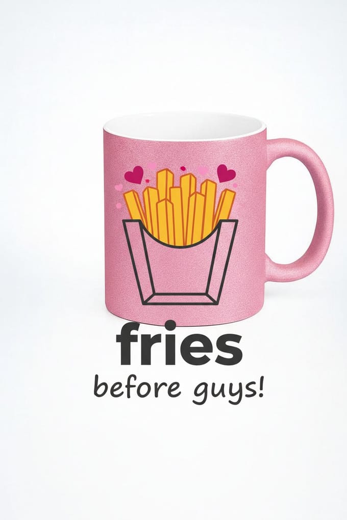 Roze Glitter Mok 'Fries Before Guys!' - Grappig Friet Design voor Dames