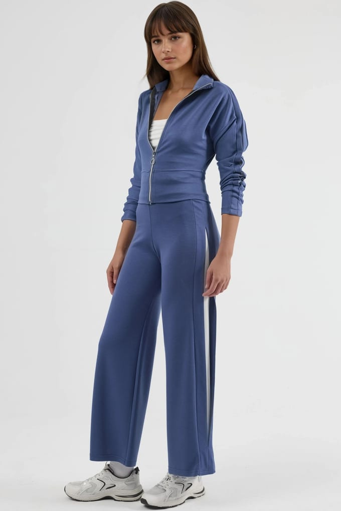 Modal Touch High Waist Brede Pijp Tweedelig Set met Rits Kraag