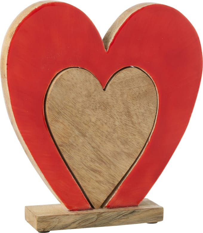 J-Line decoratie Hart Dubbel Op Voet - mangohout - rood/naturel - large