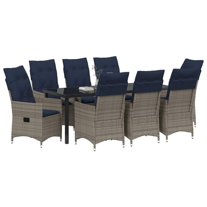 vidaXL - Tafel - en - stoelen - set - 9 - st - Grijs - PE - Riet