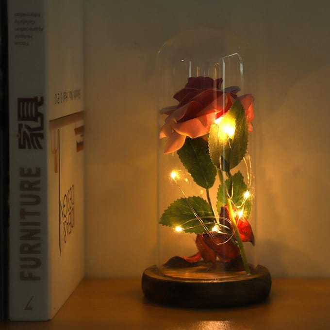 Geconserveerde Roos Bloem LED Licht met Glazen Koepel & Houten Basis Valentijnsdag Huwelijksgeschenk Roze gray