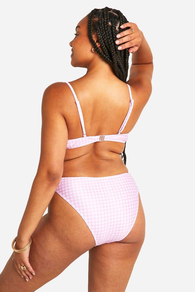 boohoo Dames Plus Gingham Print Hoog Getailleerde Bikini Slip | Pink | Maat: 22