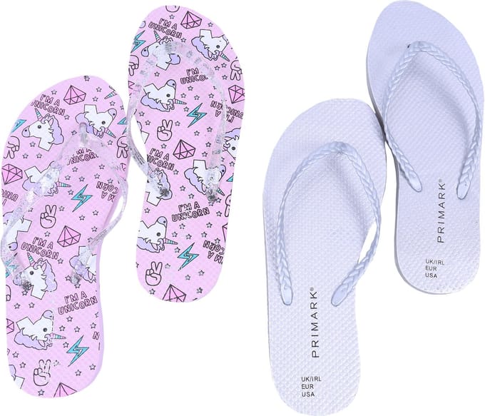 2x Zilveren teenslippers, roze eenhoorns