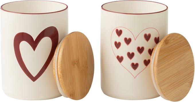 J-Line voorraadpot - porselein - wit/rood - small - 2 stuks