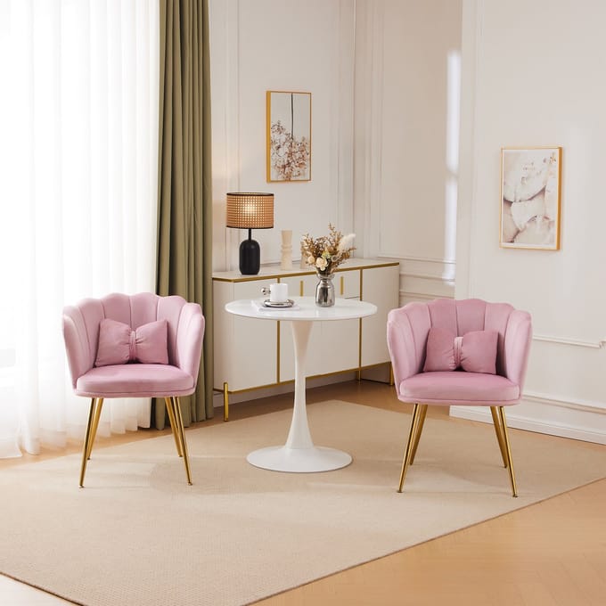 MODFU - Set Van 2 Stoelen - Bloemblaadjesrug En Kussen - Woonkamer - Fluweel - Roze