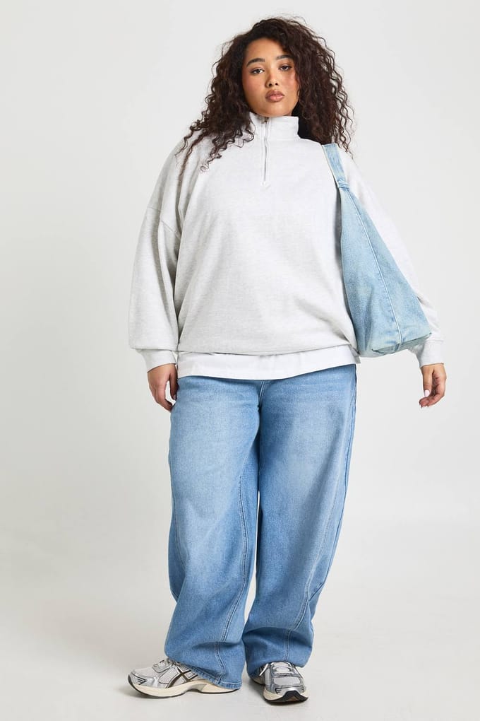boohoo Dames Plus Oversized Half Zip Sweatshirt | Grey Marl | Maat: 18