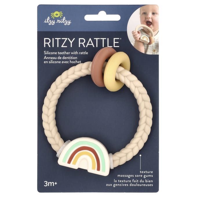 itzy ritzy, Ritzy Rattle, hochet de dentition en silicone, 3 mois ou plus, arc-en-ciel neutre, 1 pièce beige