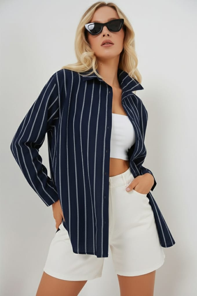 Gestreepte Oversized Blouse met Knopsluiting