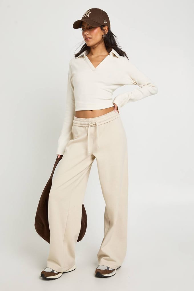 boohoo Dames Geribbelde Open Kraag Detail Top | Cream | Maat: 16