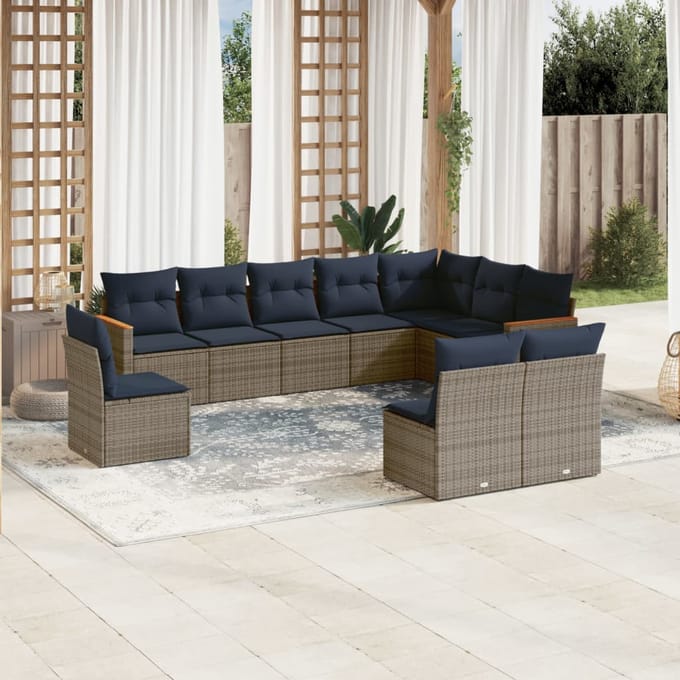 vidaXL - 10-delige - tuinbankset - met - kussens, - grijs - polyrotan