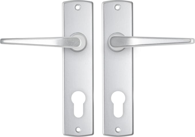 AXA Binnendeurbeslag set (Curve) Aluminium: Kruk (model Duim) op schild met cilindergat PC72