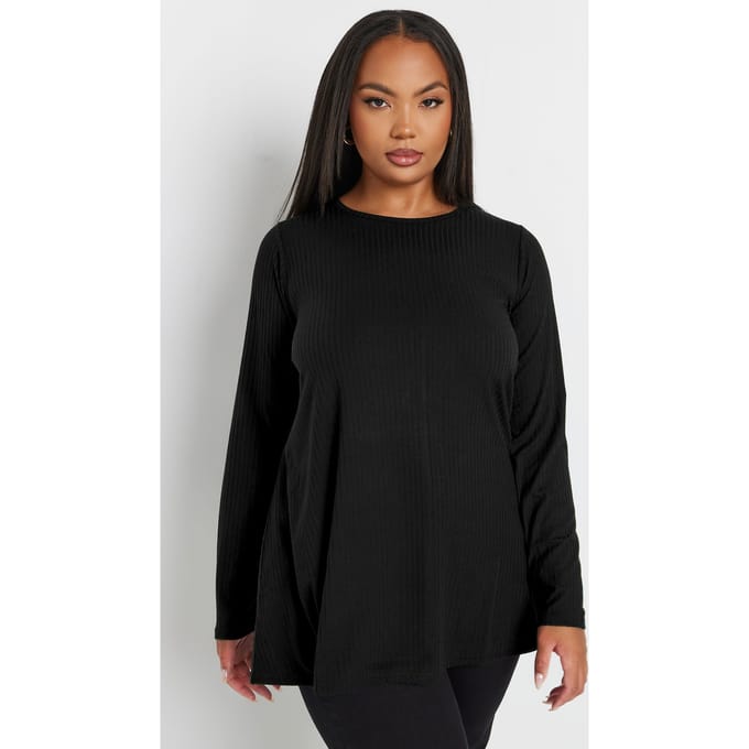 Yours Geribbelde Top Met Lange Mouwen In Zwart Size 48