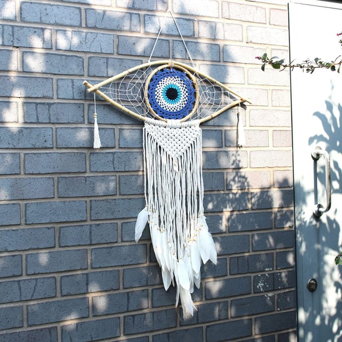 Macramé Dromenvanger - Bescherming - Boze Oog - Bruin, Grijs & Wit - 70x1x23x85cm