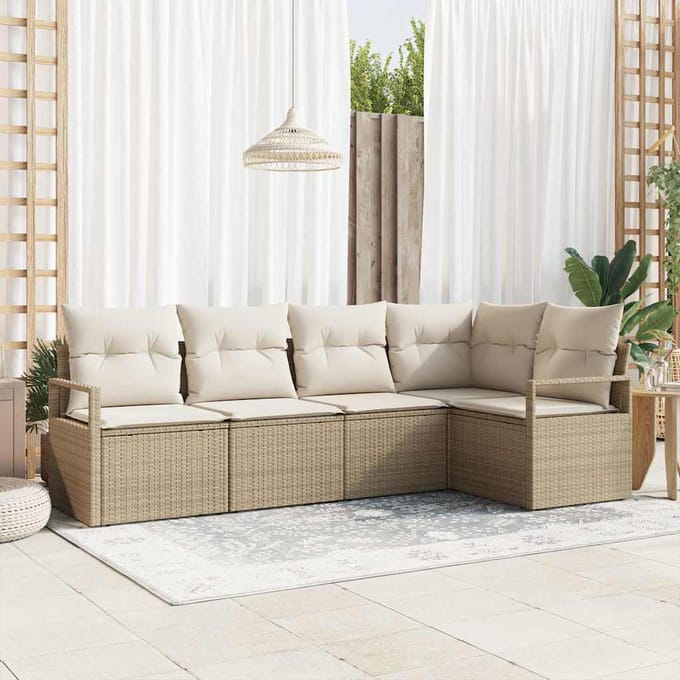 vidaXL - Tuinbank - Set - 5 - st - Beige - en - Wit - poly - rattan