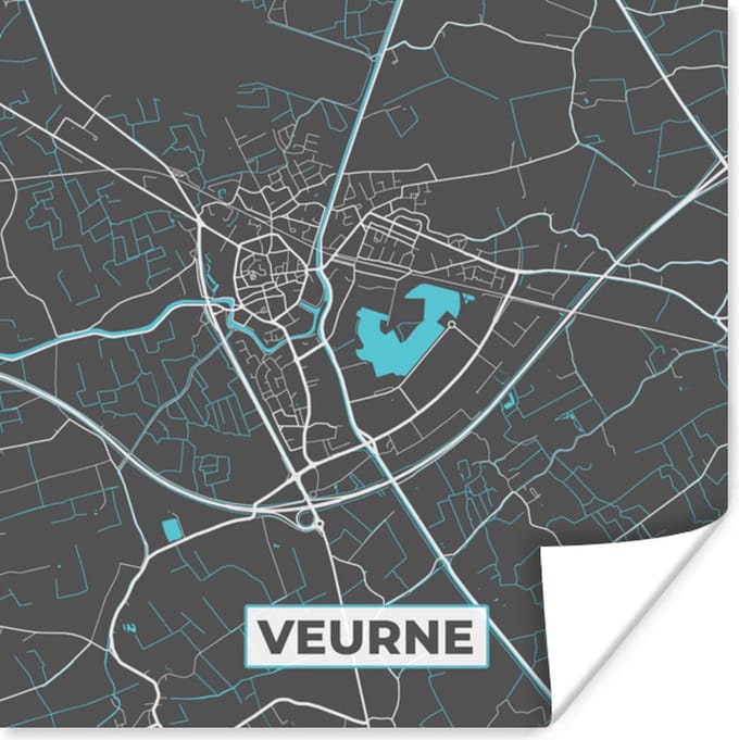 Poster Stadskaart – Grijs - Kaart – Veurne – België – Plattegrond - 75x75 cm