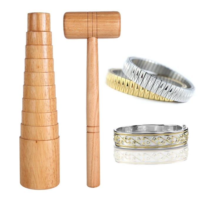 2 pièces / ensemble Mandrin en bois Tailleur Fabrication de bijoux Ajuster Taille de bracelet Bâton de mesure Outil Marteau beige