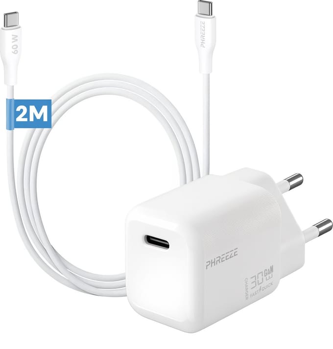 GaN 30w usb C adapter 2m set - Oplader met usb C naar usb C kabel wit