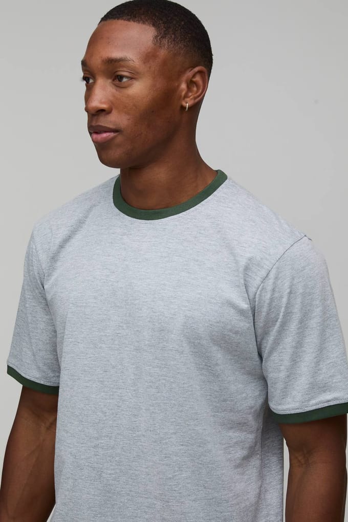 Regular Fit Ringer T-shirt Met Ronde Hals | Grey Marl | Size Medium